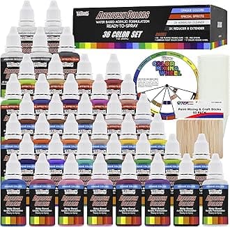 U.S. Art Supply 36 Color Deluxe Acrylic Airbrush, Leather & Shoe Paint Set with Cleaner, Thinner, 50-Plastic Mixing Cups, 50-Wooden Mix Sticks and Color Mixing Wheel