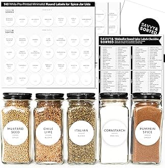 Round Spice Labels Stickers for Glass Jars - 140 Preprinted Waterproof Spice Jar Labels Stickers for Top of Lids, Seasoning Labels Only, Kitchen Pantry Organization