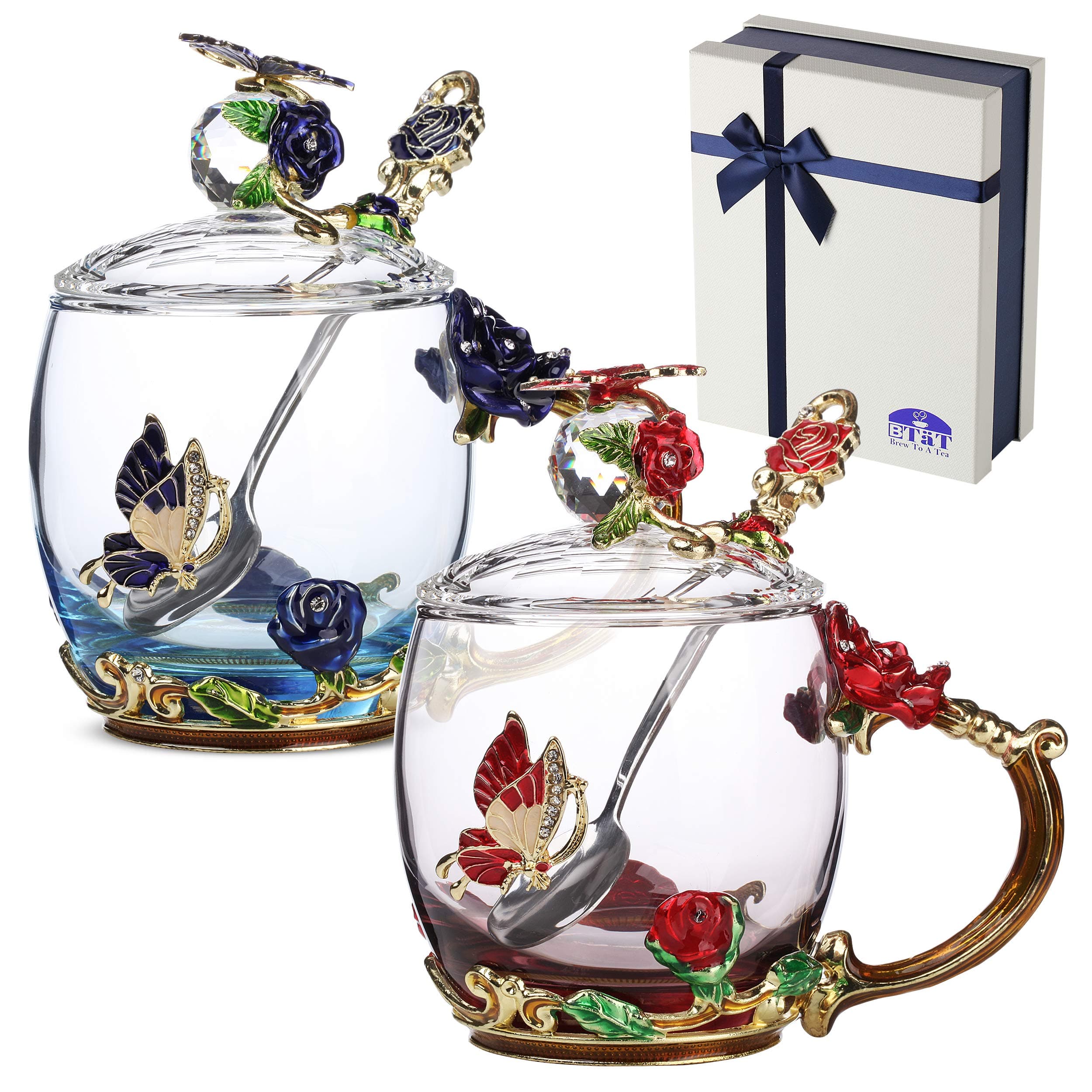 BTaT- Floral Glass Tea Cups with Lids & Spoon Set, Pack of 2, 11 oz, Blue & Red, Flower Design with Gift Box, Fancy Tea Cups, Dishwasher Safe