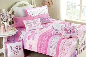 Cozy Line Home Fashions Butterfly Tulip, Pink Flower Print Pattern Reversible 100% Cotton Quilt Bedding Set Twin - 5 Piece Pink