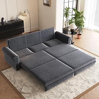 DNChuan 93.7" Chesterfield 3 Seater Pull Out Sofa Bed King Size with Pillows, Velvet 3-in-1 Convertible Sleeper Couch with Nails Trim, Space Saving for Living Room, Gray