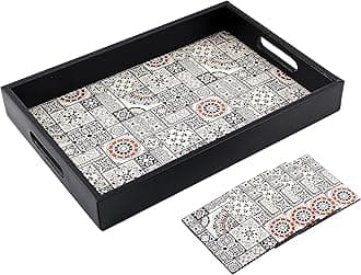 Birch & Co. Wooden Tray for Serving-Free 4 Coasters-10 Inch X 15 Inch-Serving Tray-Tray Set for Decoration-Tea Trays-Big Coffee Tray-Premium MDF Trey-Wooden Serving Trays-Resin Tray,Round