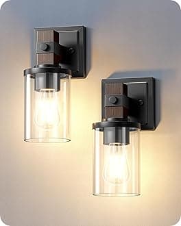 Wall Sconces Set of 2, Farmhouse Vanity Light Fixtures with Clear Glass Shade & Dark Brown Wood Grain Paint, 1-Light Wall Mount Lamp for Bathroom, Hallway, Living Room, Mirror, Kitchen
