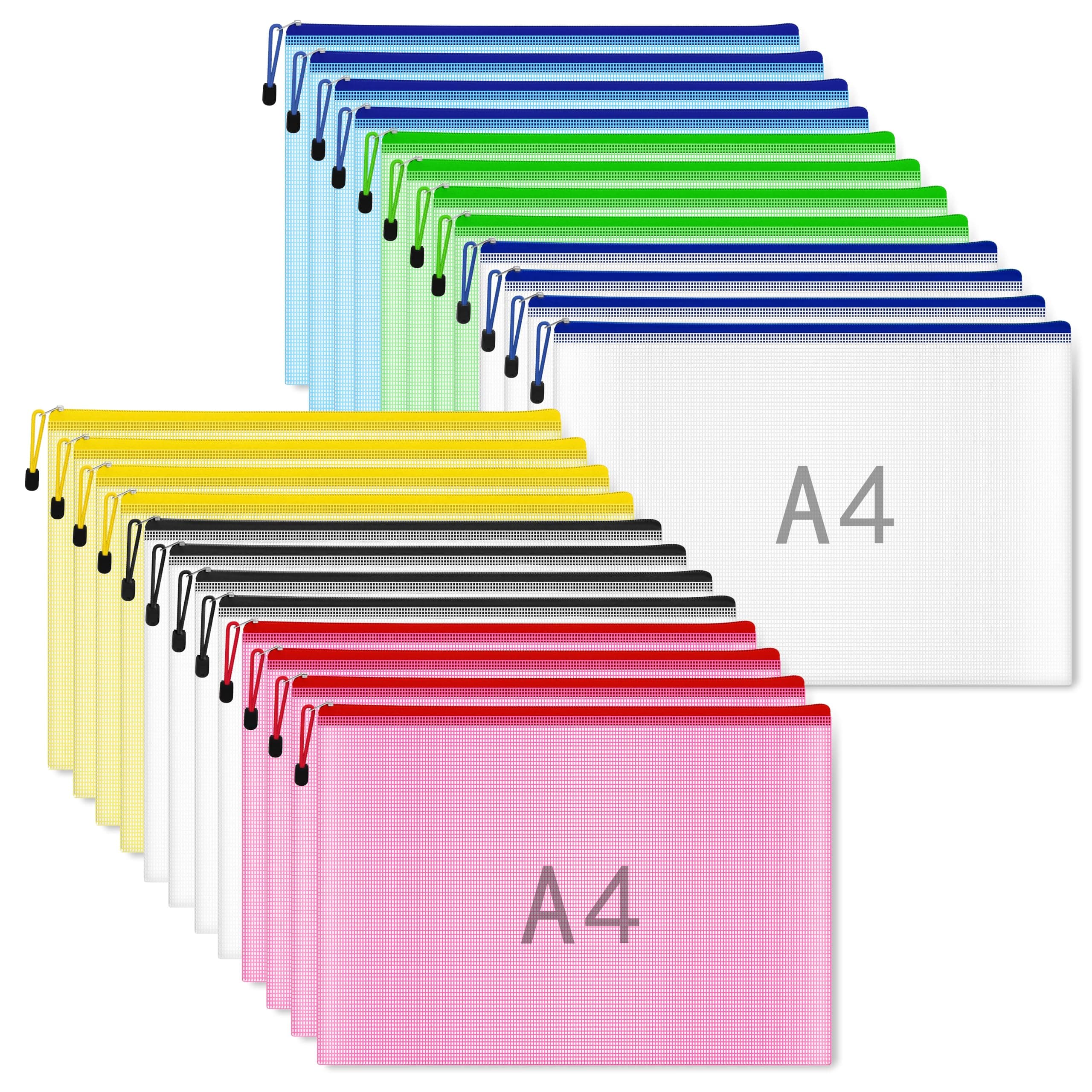 Plastic Wallets A4, 24 Pack Extra Thick A4 Zipped Wallets, Document Zip Folders with Zipper, File Zipper Bags for A4 Paper, Household Bills, Office & Home Storage (6 Colors)