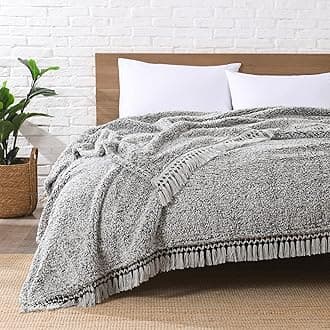 Ultra Soft Fleece Sherpa Blanket King Size,Lightweight Cozy Boho Bed Blanket with Decorative Tassel, Pattern Reversible, 2 Tones Ombre Black,104”x90”