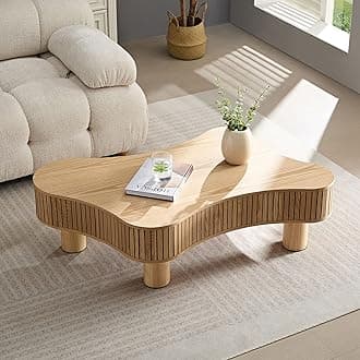 Modern Cloud Coffee Table with Handcraft Drum, Irregular Shaped Coffee Table with Sturdy Pedestal, Wooden Center Table for Living Room Apartment (42.52", Natural)