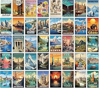 97 Decor Vintage Travel For Home - 40 Pcs Travel Posters For Classroom, Around The World Wall Art Prints, Mini Retro Photo Collage Kit, Geography Decor For Dorm Bedroom (4x6)