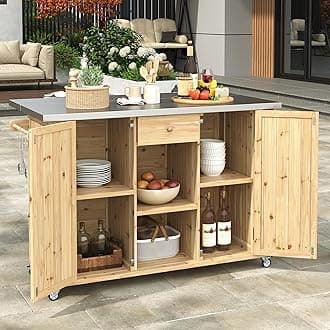 Outdoor Kitchen Island Fir Wood Kitchen Island with Stainless Steel Top,Ample Storage Space, Towel and Spice Racks and a Bottle Opener for Outdoor (Natural Wood@53)