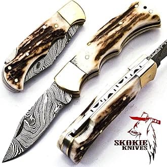Skokie Knives Custom Hand Made Damascus Steel Hunting Pocket Folding Knife with Handle Stag Antler (S.F)