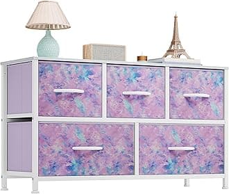 Wide Storage Tower with 5 Drawers - Fabric Dresser, Organizer Unit for Bedroom, Living Room, Closets - Sturdy Steel Frame, Easy Pull Fabric Bins & Wooden Top