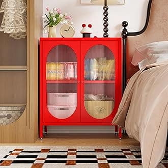 Small 2 Transparent Door Metal Storage Side Buffet Cabinet for Bed Room,Living Room,Entryway,Hallway,Home,Hotel,Office,Garage,Kitchen,1 Removable Shelf. (Transparent Door, Red)