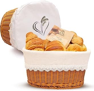 Large Poly-Wicker 12.5 inch Bread Basket Set - Sourdough Bread Basket with Removable Liner and Cover, Bread Storage Container and Fruit Basket