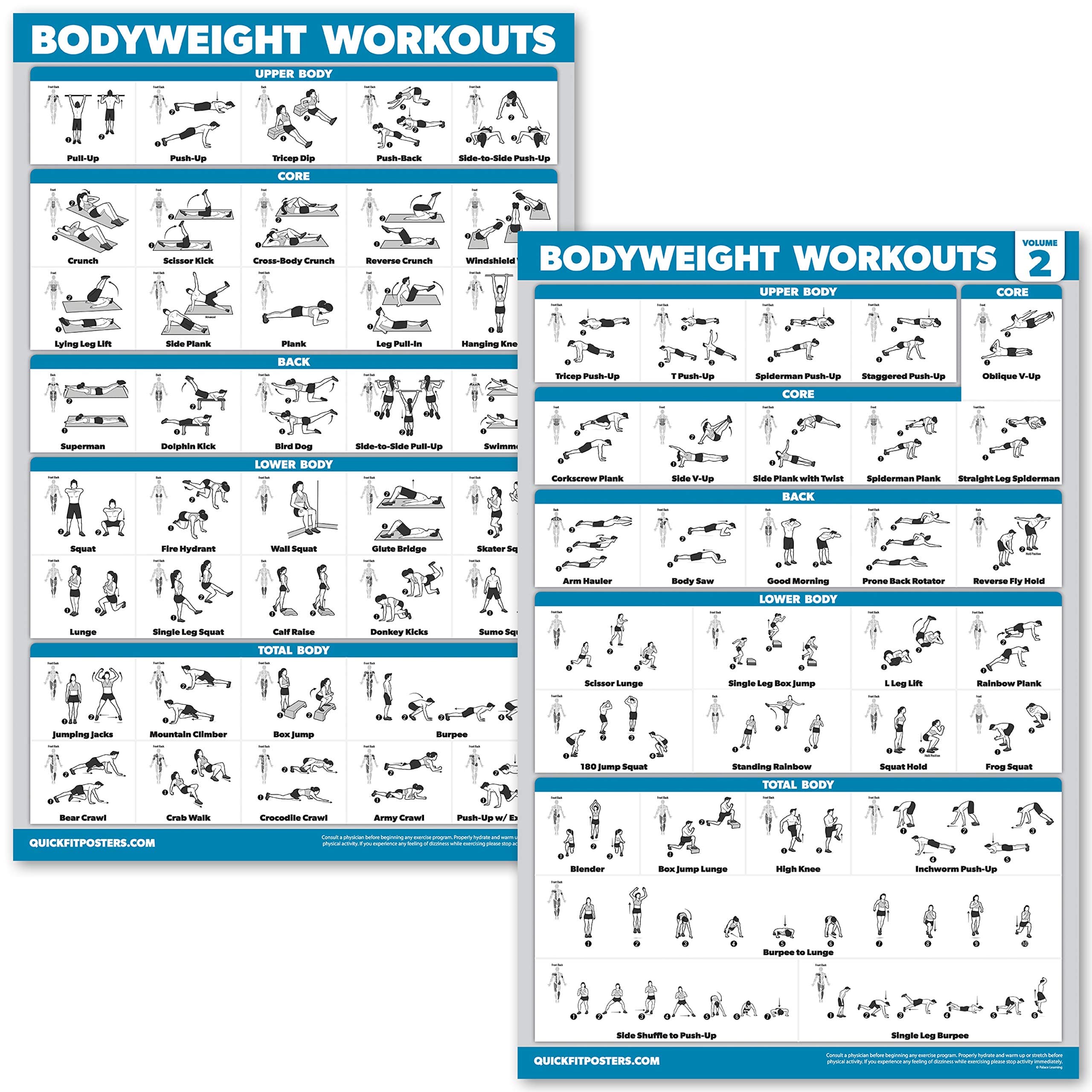Palace Learning 2 Pack - Bodyweight Workout Exercise Poster Set - Volume 1 & 2 - Laminated Body Weight Exercise Chart - (18" x 24")