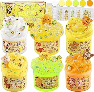 LAWOHO 6 Packs Yellow Slime Kit - Cloud, Butter, Clear Slimes, Slime for Kids with Animal Charms & Add-ins, Non Stick Slimes Kit for Kids Party Favors, 360ml Slime Kit for Birthday Halloween Christmas