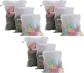 Set of 9 Reusable Fridge Storage Bags for Vegetables and Fruits with Zipper Dual Layer Mesh Net Multipurpose Multi-Size Kitchen Storage Bags Organizer (White)