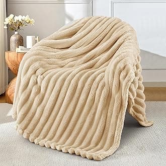 Exclusivo Mezcla Fleece Throw Blanket for Couch, Super Soft Striped Jacquard Bed Blanket, Lightweight Fuzzy Cozy for All Seasons, 127x152 CM, Beige