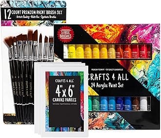Acrylic Paint Set for Adults and Kids - 24 Pack of 12mL Paints with 12 Art Brushes & 4 Canvases, Non-Toxic Craft Paint for Easter Eggs, Ceramic Rock Paint - Art Supplies