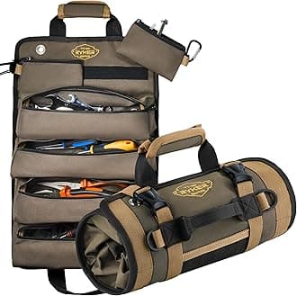 The Ryker Roll Up Tool Bag Organizer Gifts for Dad. Heavy Duty Motorcycle Tool Roll Bag Organizer. Portable Rollup Toolbag w/Detachable Pouches - Tools Bags Mens gifts for him/Mechanic (Khaki+Black)