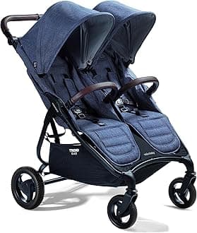 Valco Baby Trend Duo Light Weight Side by Side Double Stroller 2025 (Denim Blue) - Easy and Compact fold, Multi-Position Recline, Large Canopy, Independent Twin Vents and More - Luxurious Twin Pram