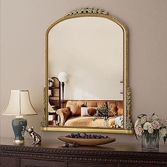 Wall Mirror, Vintage Carved Bathroom Mirror 40" x 32" Antique Metal Frame Wall Mirror for Bedroom, Living Room, Entryway, Fireplace, Hallway, Gold