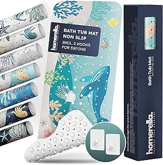 Homerella Bathtub Mat for Children 40 x 16 Inches | Non-Slip, Extra Comfortable Bath Mat With Hooks for Hanging | Machine Washable Shower Mat for Kids & Baby