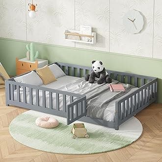 Bellemave Floor Bed Full Size Montessori Bed Frame with Fence and Door, Wooden Full Platform Bed for Kids, Boys Girls, Solid Wood Full Bed, No Box Spring Needed (Grey)