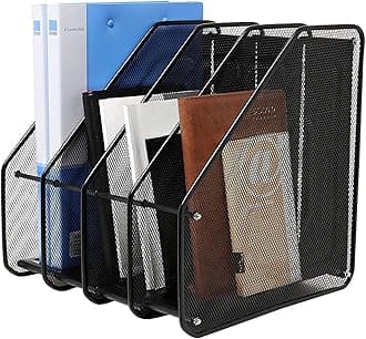 - 4 Layer Metal Mesh Magazine Holder, Countertop Desk File Organizer 4 Slot| Vertical File Dividers Book Holder & Cabinet Document Storage Rack (Black, Step Shelf) Pack of 1