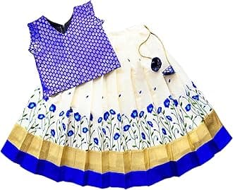Stanwells Kids Lehenga Choli For Girls Floral Pattern Traditional Dress Ethnic Wear For Baby Girls Peacock Cotton Silk Kerala South Indian Pattu Pavadai Lehenga for Kids