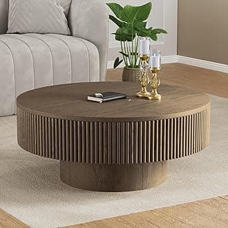 YOUDENOVA 31.5” Round Fluted Coffee Table, Modern Wood Circle Coffee Table, Veneer Handcrafted Relief Tea Table with Sturdy Pedestal for Living Room - Brown