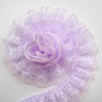 3 Meters Pleated Organza 2-Layer Lace Edge Gathered Mesh Trim Ribbon 4 cm Width Purple Trimming Fabric Embroidered Applique Sewing Craft Wedding Bridal Dress Extender Party Hat Clothes Decoration DIY