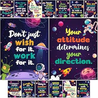 Decorably 15 Space Classroom Theme, 11x14in Inspirational, Matte-Laminated Motivational Decor - for School, Hallways, Bulletin Boards, Home Study Room