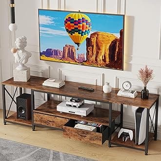 TV Stand with Fabric Drawers for 65 70 75 Inches TV - Entertainment Center and Industrial TV Console Table with Open Storage Shelves for Living Room, Bedroom - 63" Rustic Brown