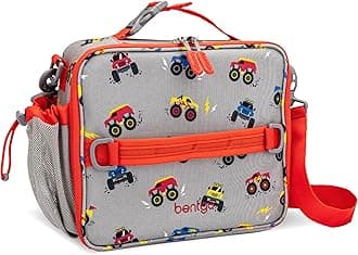 BentgoKids Lunch Bag - Durable, Double-Insulated Lunch Bag for Kids 3+; Holds Lunch Box, Water Bottle, & Snacks; Easy-Clean Water-Resistant Fabric & Multiple Zippered Pockets (Trucks)
