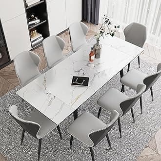 Hlivelood Extendable Dining Table for 4-8, 55"- 78" Rectangular Sintered Stone Dining Room Table, Faux Marble White Kitchen Table for Dining Room Family Gathering