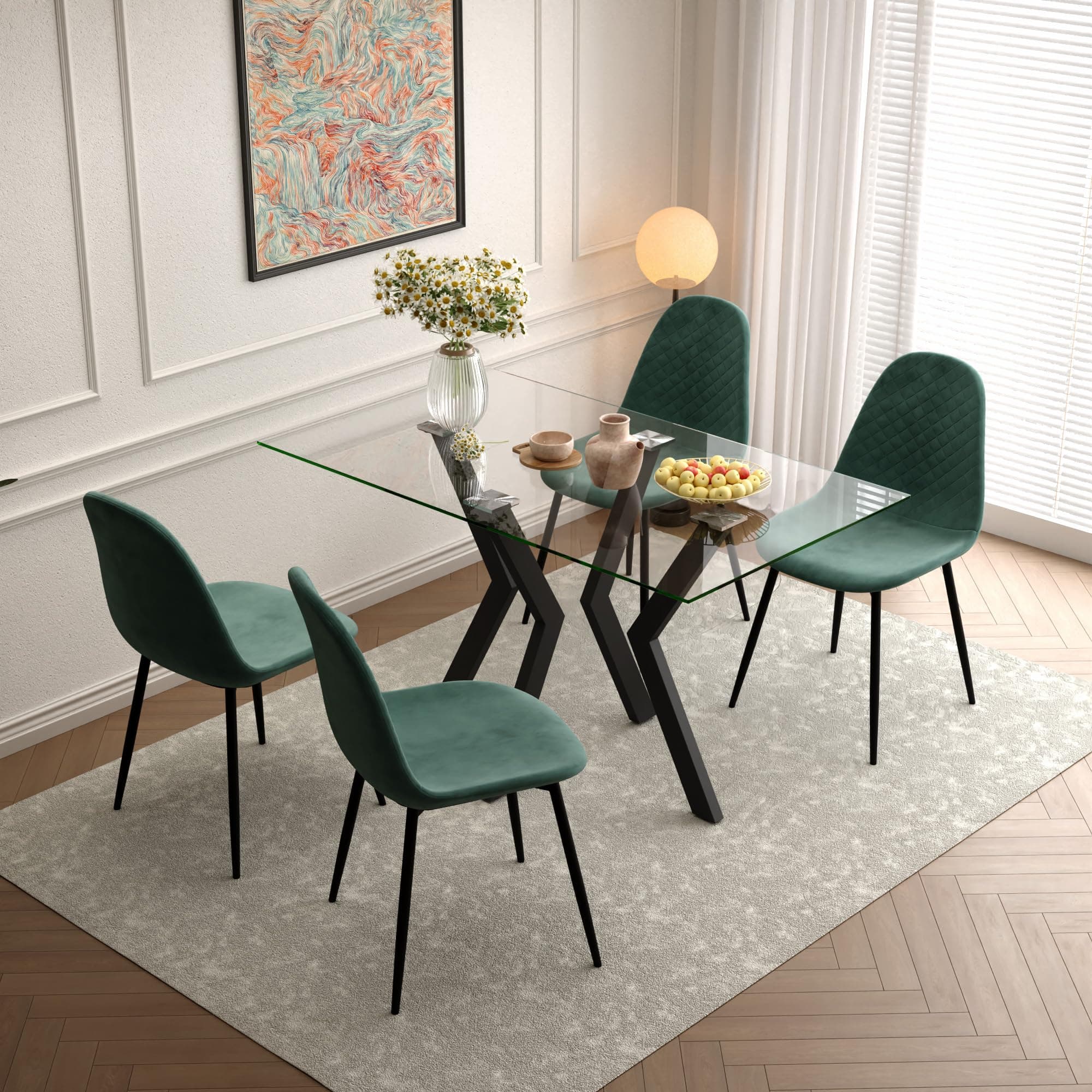 GOLDFAN Rectangular Dining Table and Chairs Set, 4-Seater Kitchen Table with 4 Velvet Upholstered Chairs, Dining Room Set for Home, Apartments, Kitchen (Clear and Green, 120 x 70 cm)