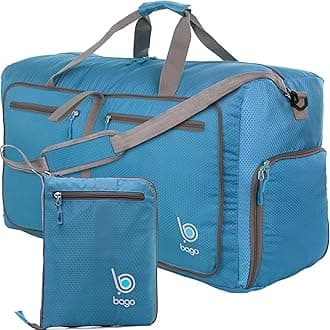 Bago Large Foldable Duffel Bags for Traveling Women & Men - 80L Packable Duffle Bag for Travel with Shoe Compartment - Water Repellant, Heavy Duty, Lightweight Folding & Collapsible (Blue)