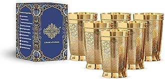 Indian Art VillaBrass Glass Tumbler, Embossed Design, 11 Oz Each, Set of 6