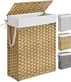 Slim Laundry Hamper with Lid, 14.5 Gallon (55L) Rattan Clothes Laundry Basket with Lid and Handles, Foldable, Removable Liner, Goose Yellow ULCB164N01