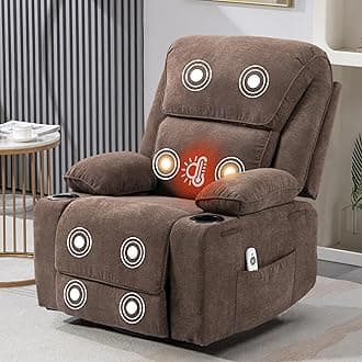 Recliner Chair with Massage& Heat Extended Footrest Armchair Padded Seat Manual Adjustable Legrest and Backrest with Cup Holders for Living Room Bedroom Home Cafe 360° Swivel, Rocking Function