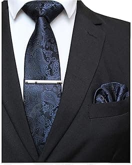 Mens Solid Color Paisley Necktie and Pocket Square with Tie Clip Sets