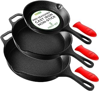 NutriChef 3pc Cast Iron Skillets - Pre-Seasoned Cast Iron Cookware with Drip Spout, Silicone Handles, For All Cooktops