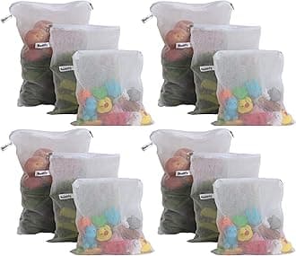 Set of 12 Reusable Fridge Storage Bags for Vegetables and Fruits with Zipper Dual Layer Mesh Net Multipurpose Multi-Size Kitchen Storage Bags Organizer (White)