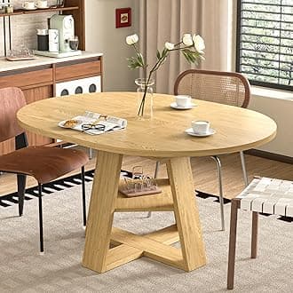 43.3in-59in Extendable Round Dining Table for 4-8,Modern Kitchen Oval Dining Table with Removable Leaves Space Saving,Wood Base with Storage Shelf for Kitchen Living Room (Wood Color)