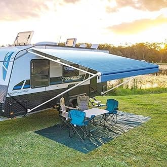 YESCAMP Manual RV Awning Complete Kit Retractable Camper Awning for RV or Trailers RV Roll Out Awning for Camper or 5th Wheel,Travel Trailers,Toy Haulers,Motohome(14Ft,White Frame,Blue Fade)