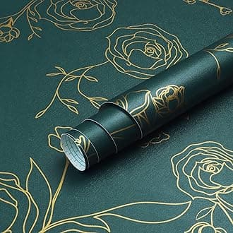 Timeet Self Adhesive Wallpaper Teal Blue Sticky Back Plastic 44x1000cm Gold Rose Pattern Peel and Stick Wallpaper Vintage Floral Roll Removable Waterproof Vinyl Film for Bedroom Wall Furniture
