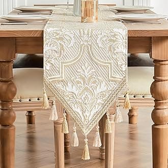 TOPLUXE Damask Fabric Table Runner, Table Runner Decoration for Dining / Kitchen / Restaurant / Banquet / Party Table Decoration (33 x 274 cm, White & Yellow)
