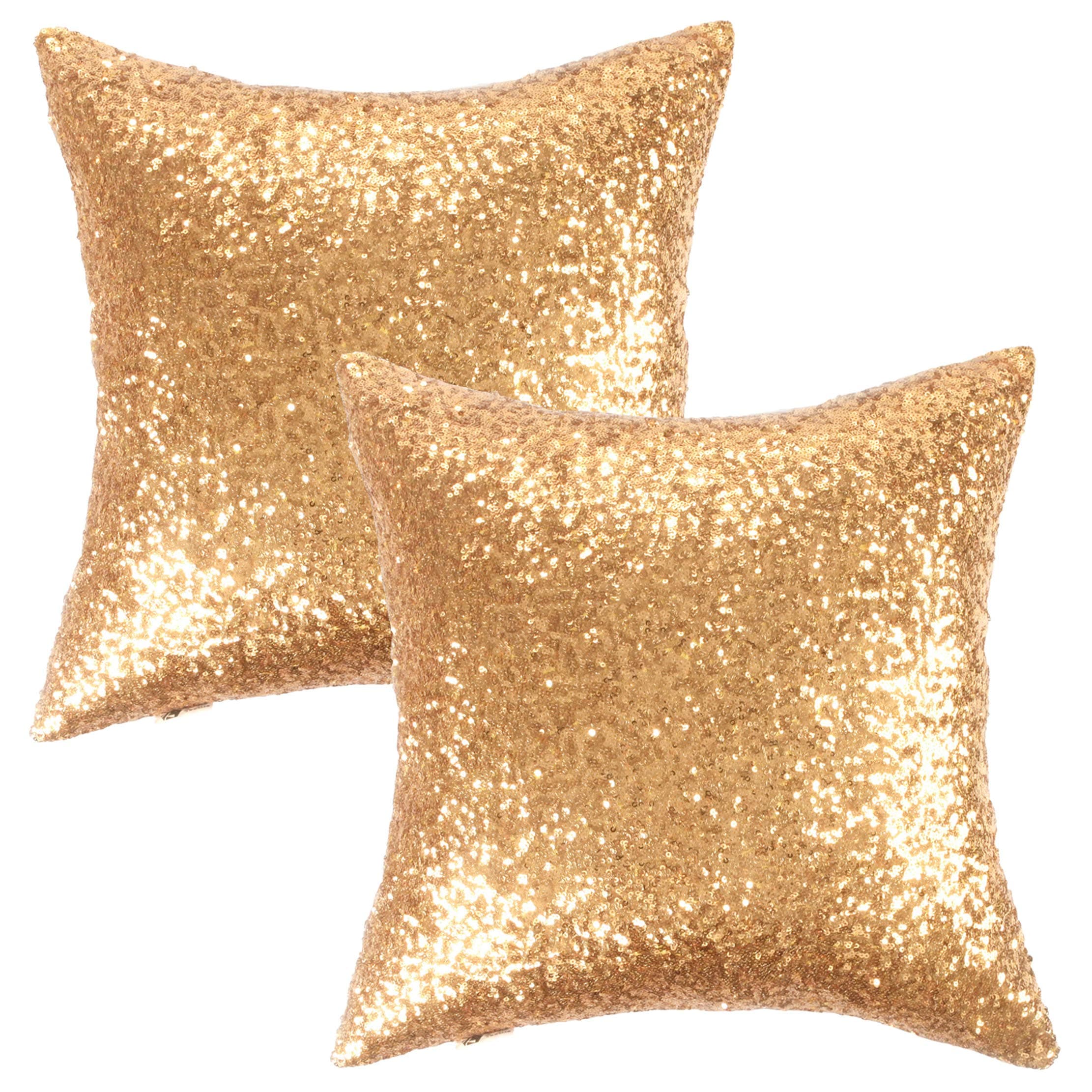 Kevin Textile Decorative Solid Sequins Throw Pillow Cover 45 x 45 cm decorative Pillow Case,Hidden Zipper Design,(Two Cover Packs,Gold)