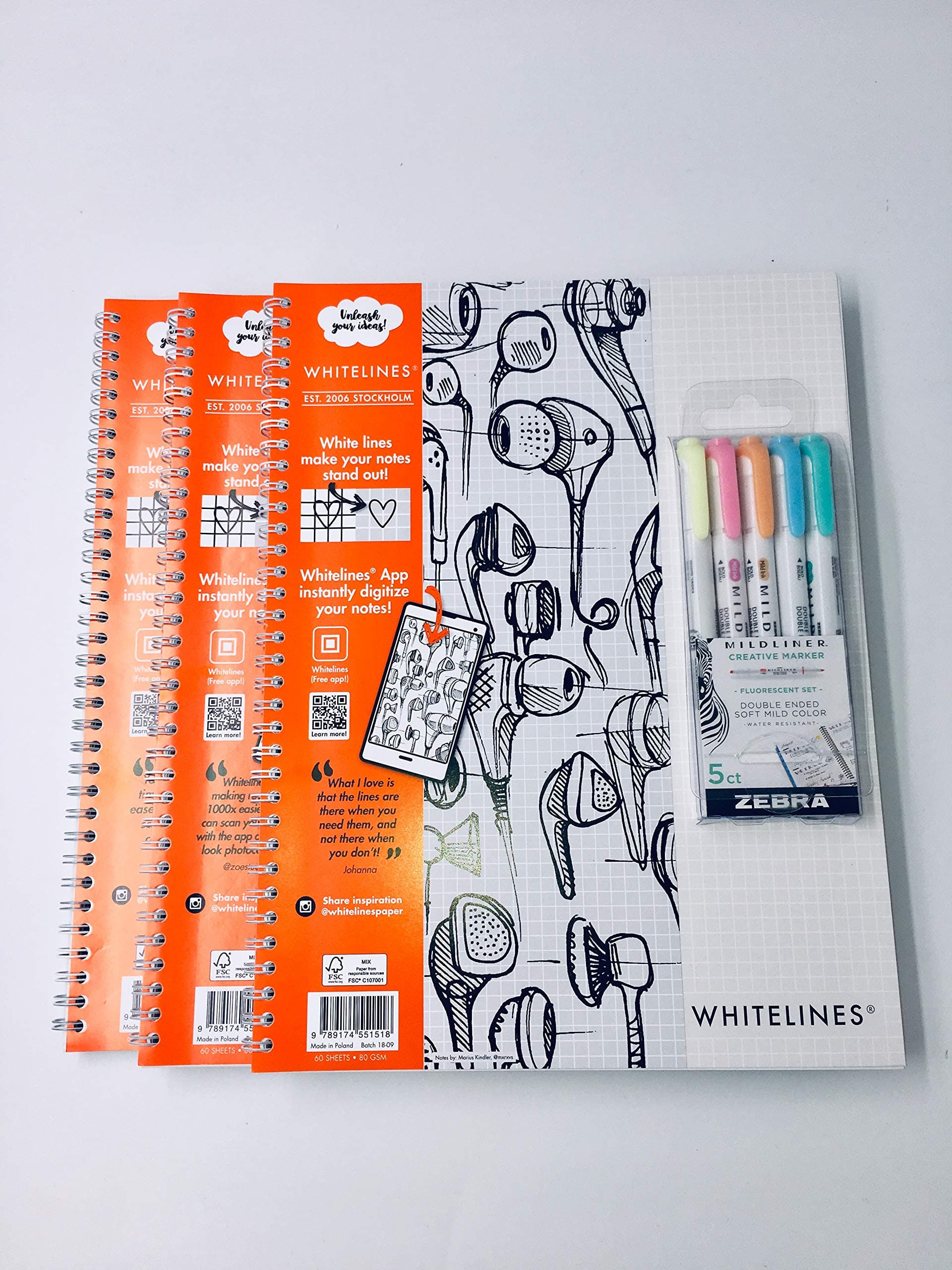 Multipack Whitelines Link A4 Squared Notebook 80gsm Paper (Pack 3 Notebooks + Pk5 Zebra MILDLINERS)
