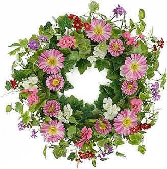 Spring Summer Wreath Daisy Wreath with Chrysanthemum,Daisy,Wildflower,Eucalyptus Leaves,Ivy Leaves for Indoor Outdoor Farmhouse Home Wall Festival Decoration