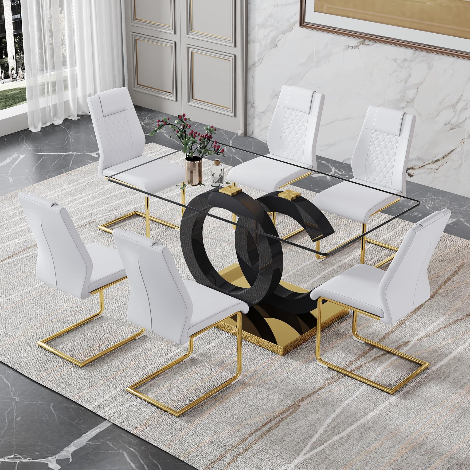 7 Piece Dining Table Set,Glass Dining Table Set for 6，Modern Dining Table and Faux Leather Padded Seats for Kitchens, Living Rooms, Bedrooms (Black＆Gold Table-White Chair-6)